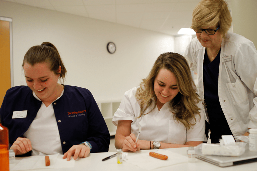 Northeastern nursing students talking with instructor
