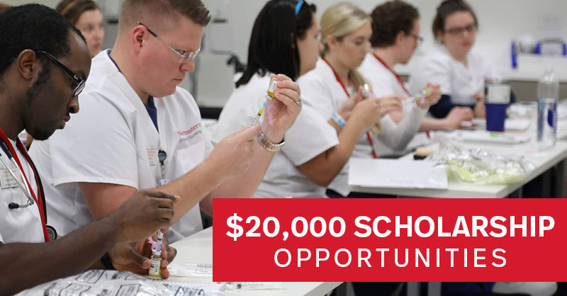 Northeastern ABSN students in skills lab with text "$20,000 scholarship opportunities"