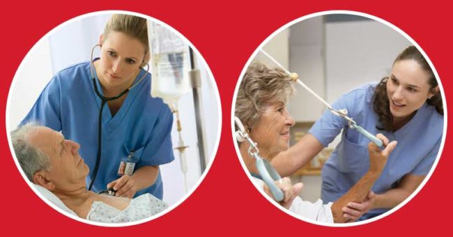 Two circles masking images of a nurse and a patient in physical therapy