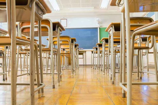 student desks in classroom