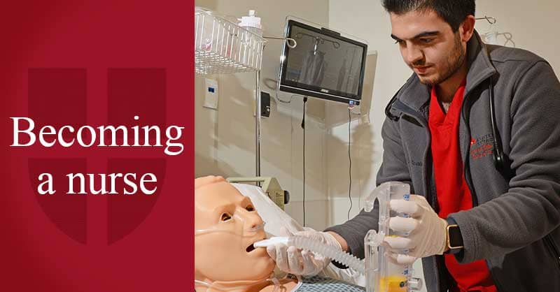 Becoming a nurse - UST ABSN student working in sim lab with manikin