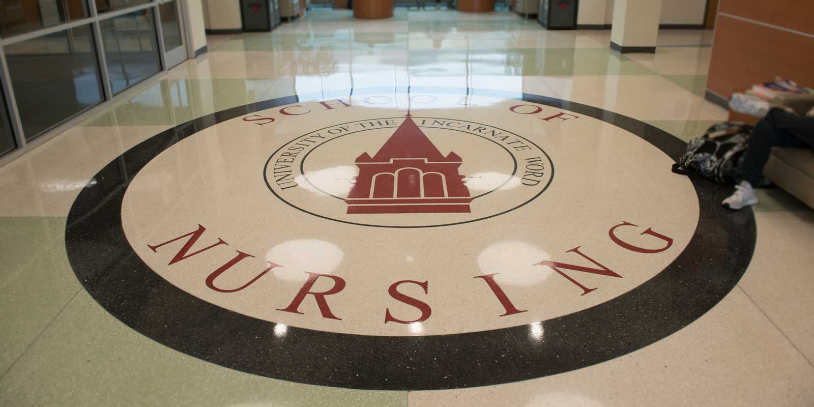 UIW School of Nursing emblem on the lobby floor