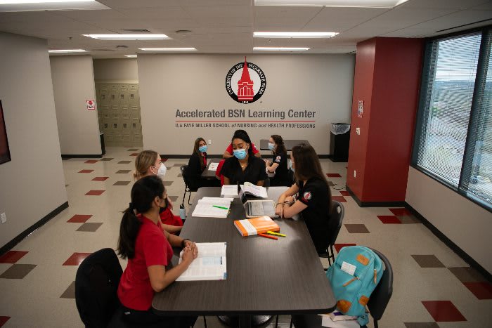 Nursing students studying together with textbooks