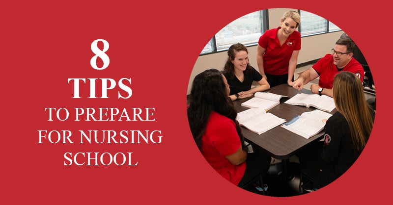 UIW students studying with text "8 Tips to Prepare for Nursing School"