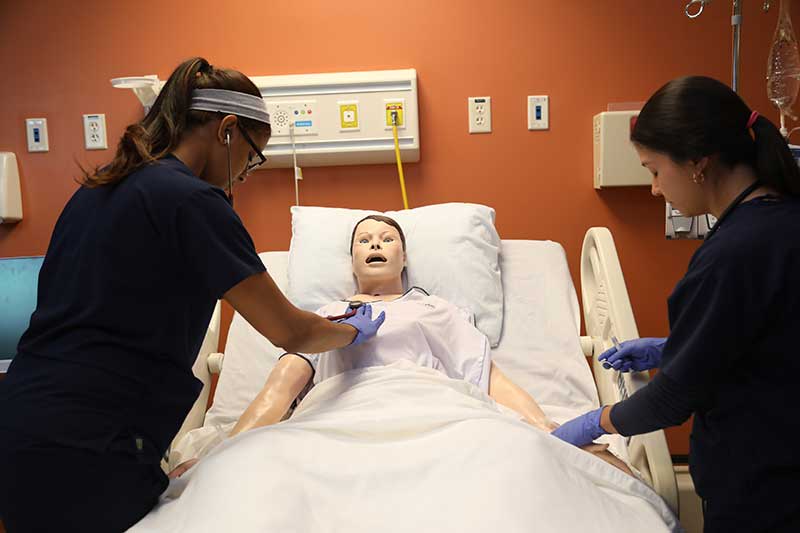 Utica accelerated nursing students working with sim manikin