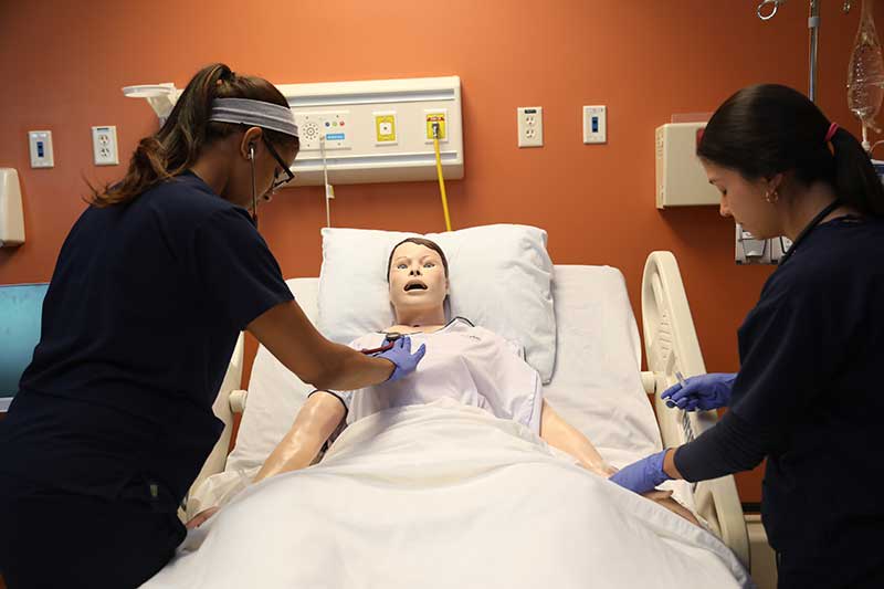 Utica accelerated nursing students working with sim manikin