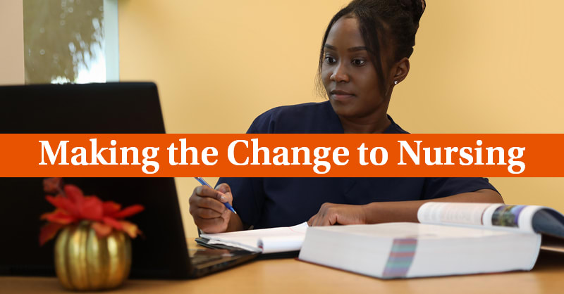 Utica ABSN student with text: Making the change to nursing