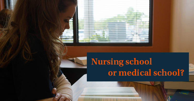 Student reading textbook with the word nursing school or medical school in the foreground.