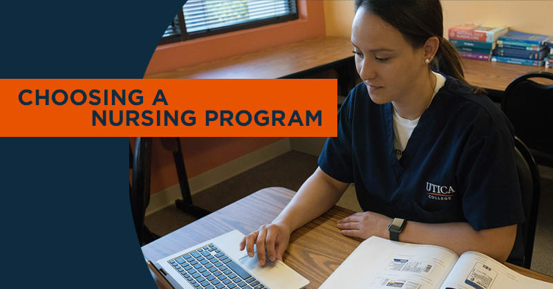 Utica nursing student on laptop with text choosing a nursing program