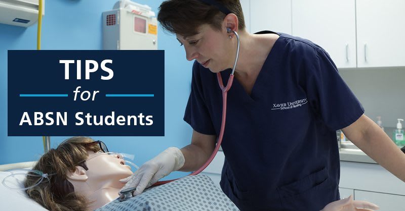 Nursing student with manikin with text that reads "Tips for ABSN Students"