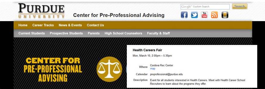 Purdue University website screenshot - Event details of Health Careers Fair