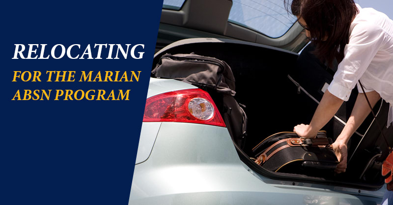 Person packing suitcase into the trunk of a car with text relocating for the Marian ABSN program