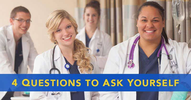 4 Questions to ask yourself - Misericordia ABSN students in lab coats