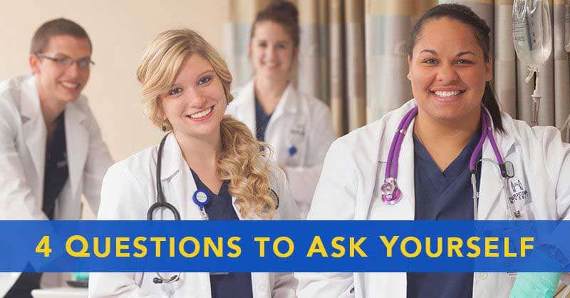 4 Questions to ask yourself - Misericordia ABSN students in lab coats