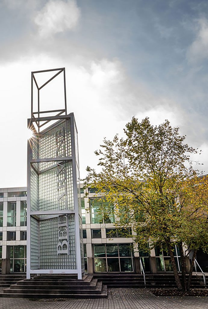 Metal and glass statue at Bellarmine University
