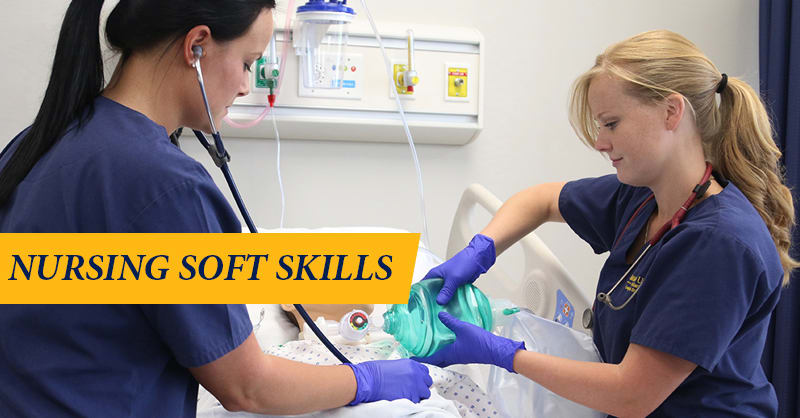 Two ABSN students working on a manikin with text nursing soft skills
