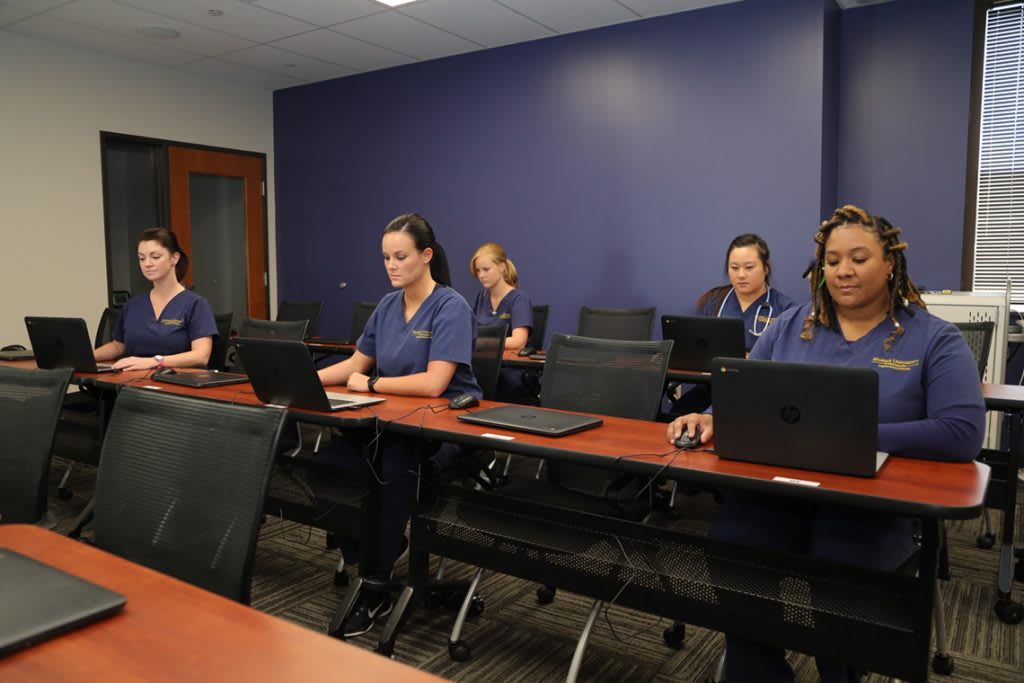 nursing students sitting in room at desks using computers