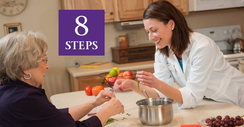 OTA with patient in kitchen. Text reads 8 steps