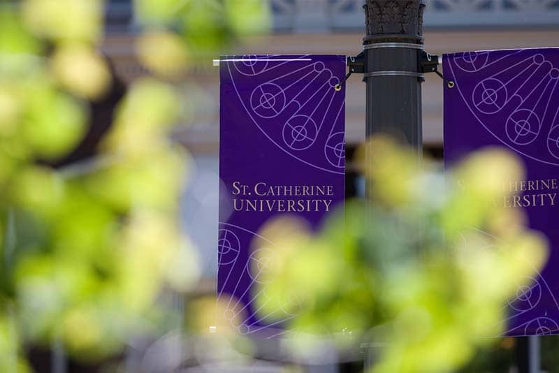 St. Catherine University campus banners on pole