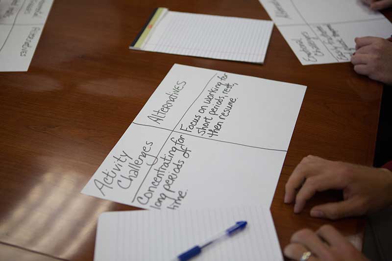 OTA students brainstorming alternative activity challenges on a piece of paper