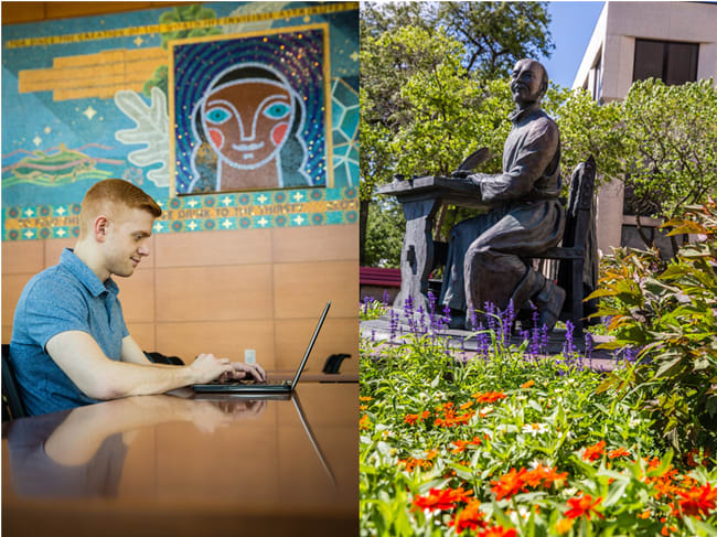 Side-by-side photo of a student learning online and of the Maywood campus where students learn on-campus.