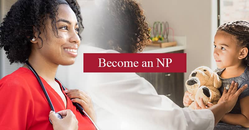 Become an NP - Nurse wearing red scrubs