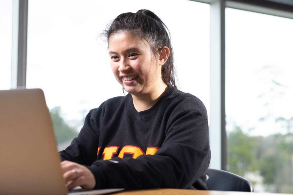 woman sitting at desk using laptop