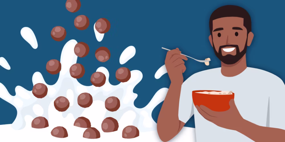 Graphic of man eating cereal and chocolate puffs