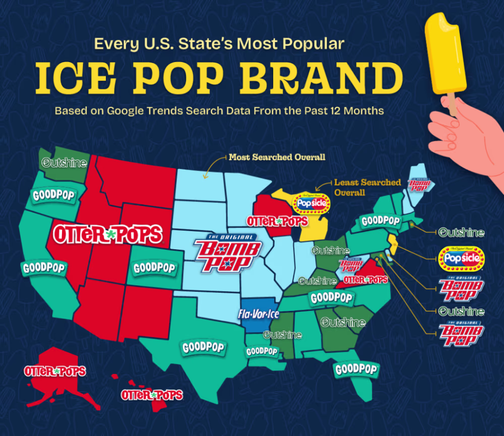 U.S. map graphic showing the most popular ice pop brand in every state
