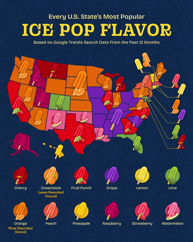 U.S. map highlighting the most popular ice pop flavors in every state