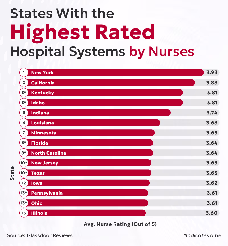 A radial chart displaying the states where nurses are most satisfied.