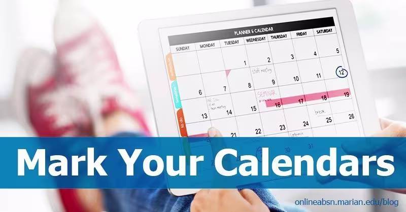 "Mark Your Calendars" Marian University events - person looking at calendar on tablet