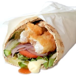 Local Whiting (A) with whole egg mayo, sweet chilli, leafy greens, Spanish onion, Lebanese