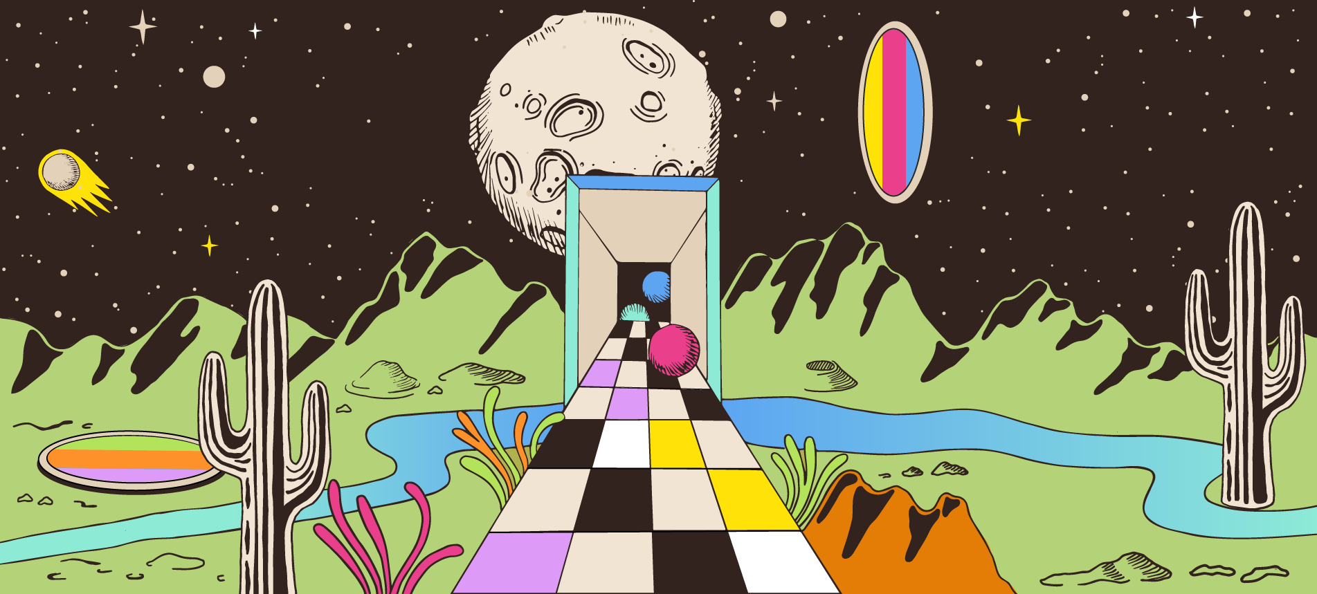 Landscape in outer space with a path leading to a portal, a floating female astronaut and a spaceship