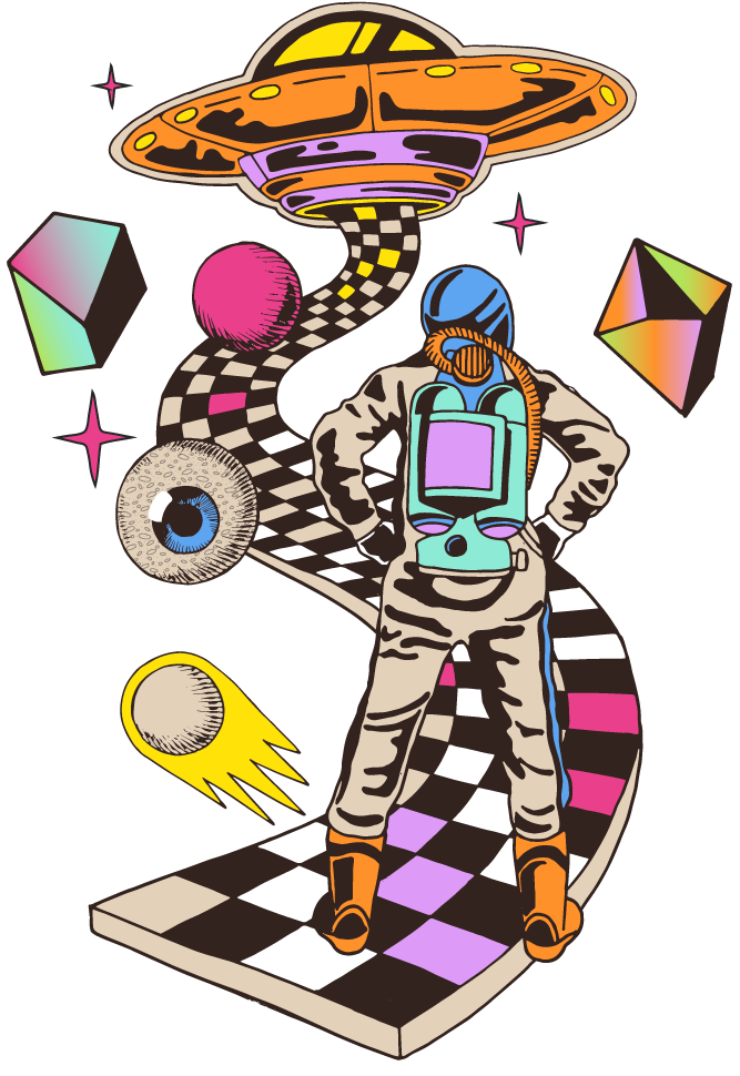 An astronaut on a winding path towards a spaceship
