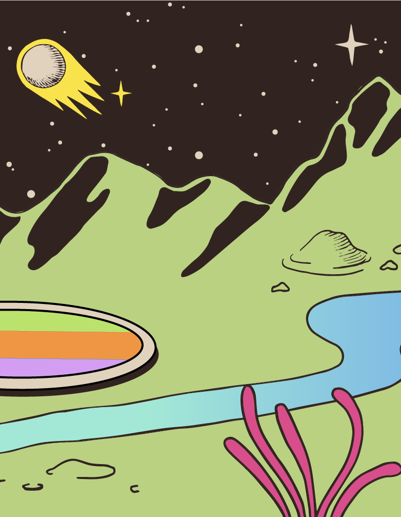 Landscape in outer space with a path leading to a portal, a floating female astronaut and a spaceship