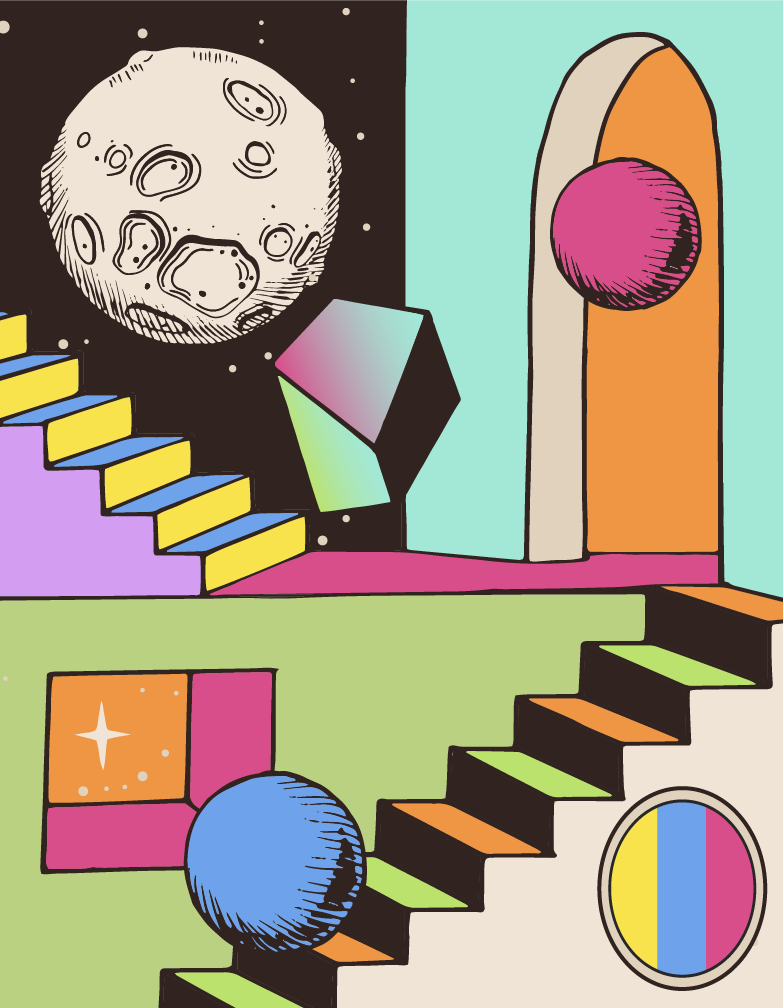 Stairs and portals leading to other worlds, with a large eye bouncing in the centre.