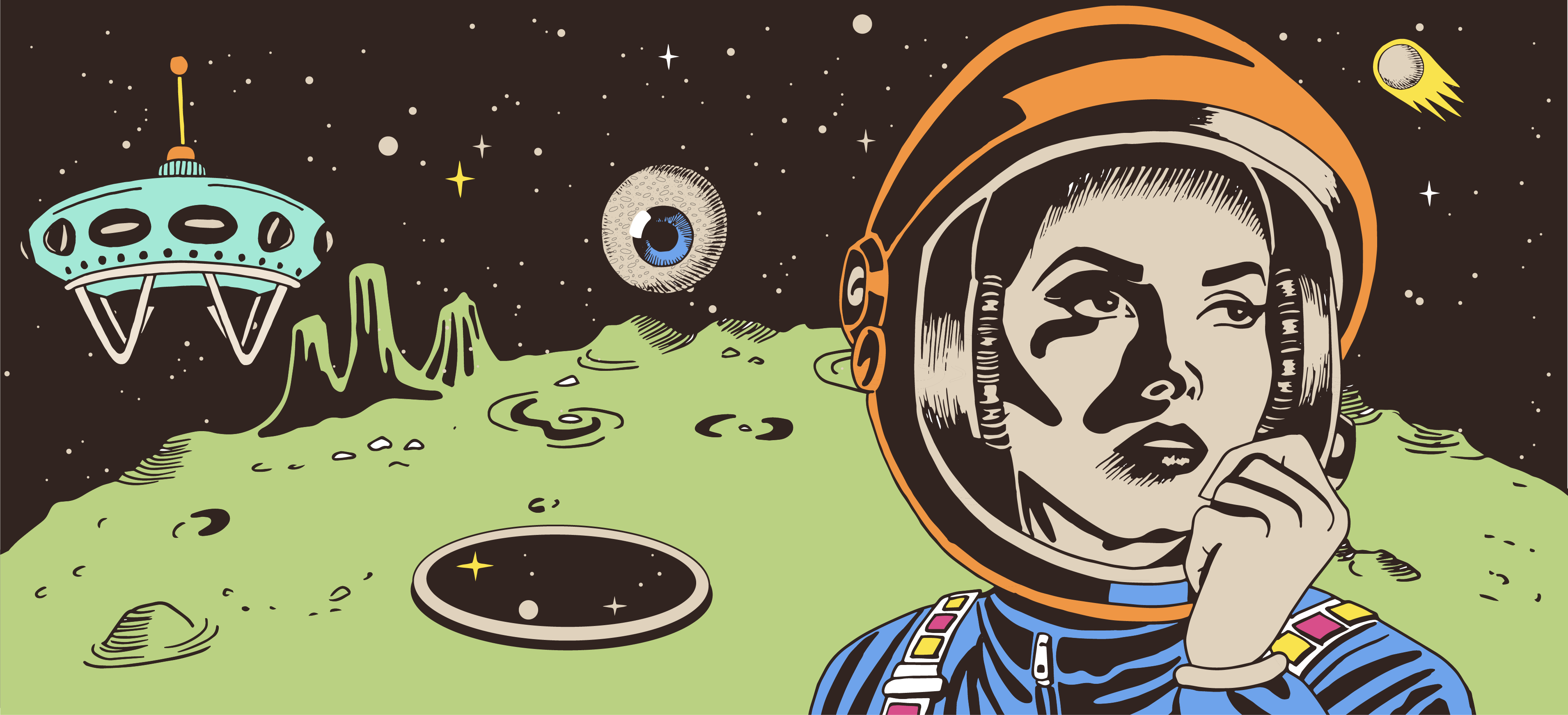 A landscape in outer space, with a female astronaut surrounded by questions marks, and a space ship in the background