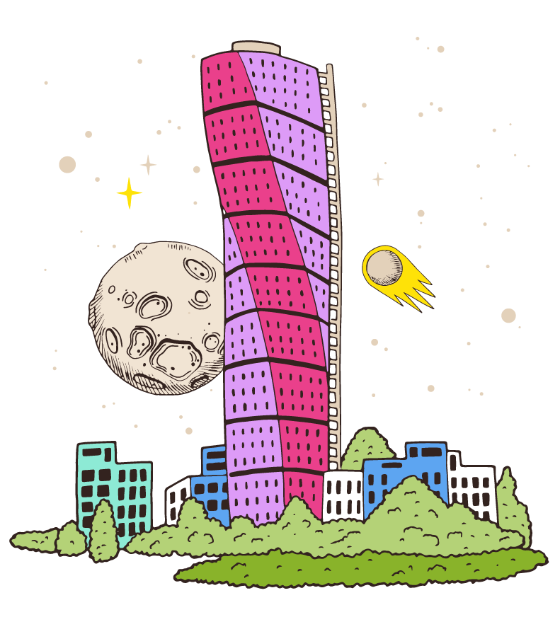 The Turning Torso building depicted as if located in outer space.