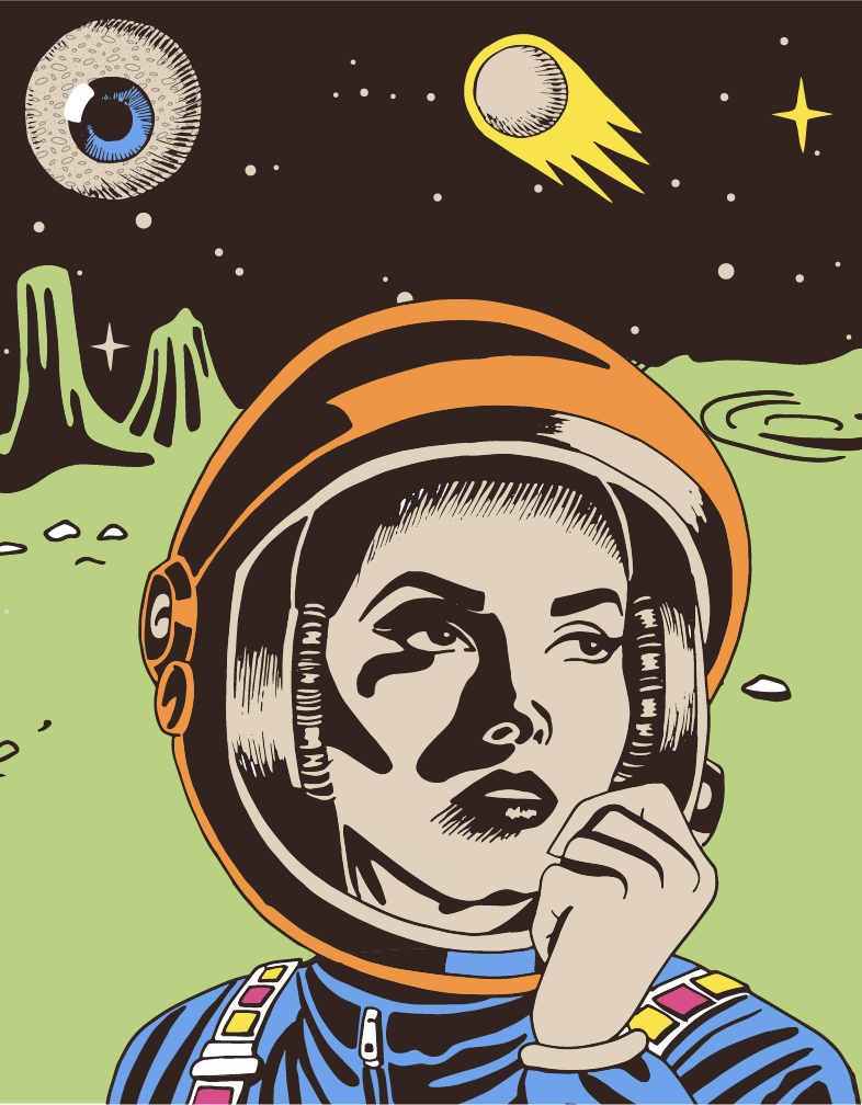 A landscape in outer space, with a female astronaut surrounded by questions marks, and a space ship in the background