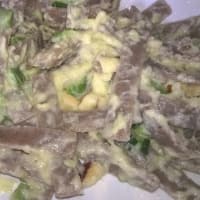 Pizzoccheri with zucchini, soy cream and nuts