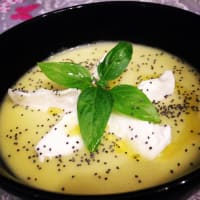 Cream of potato and leek with buffalo mozzarella and sesame seeds