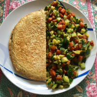 Pancake salted egg whites with cubes of vegetables