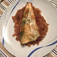 Fillets of salmon trout on fennel bed soy