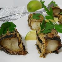 Chunks of cod crusted eggplant