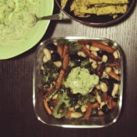 broccoli salad, beans and carrots with yogurt and avocado salsa