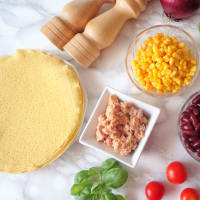 Crepes salted with tuna, red beans and corn step 1