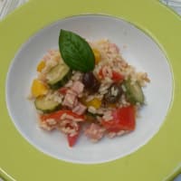 Rice salad with vegetables and ham cubes