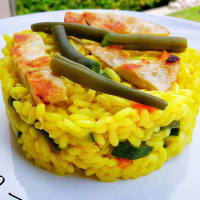 Curry rice with vegetables and chicken plate