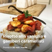 Risotto con camarones vainilla y caramelo